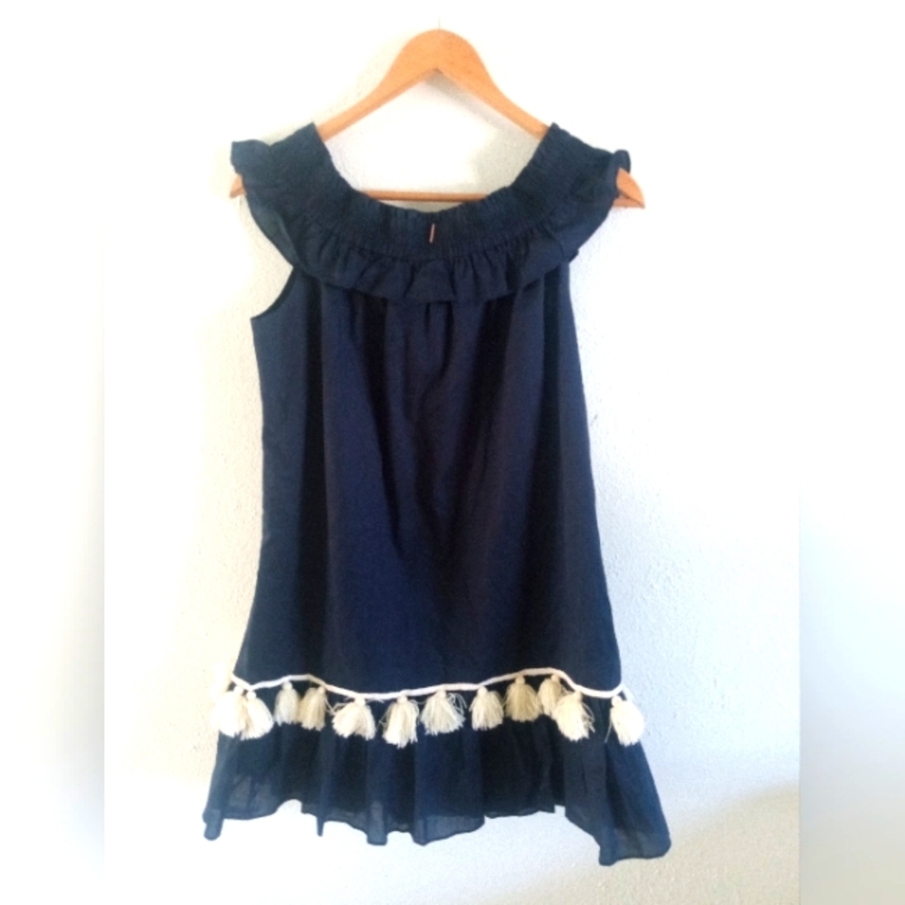 MISA Los Angeles 'GIA' Off Shoulder Navy Blue Tasseled Mini Dress | S - Picture 6 of 7